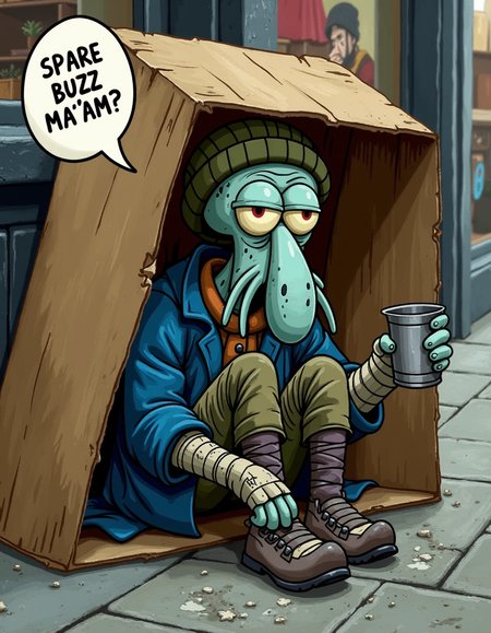 Renaissance painting style, Squidward sitting underneath a large tipped over cardboard box by the city sidewalk as a dirty beggar, extending out a metal cup as if to beg for money, dirty blue jacket, black soot on face and nose, tentacles, cloth arm bandages, olive green beanie,  his text bubble says ''SPARE BUZZ MA'AM? '' <lora:Squidward:0.5>
