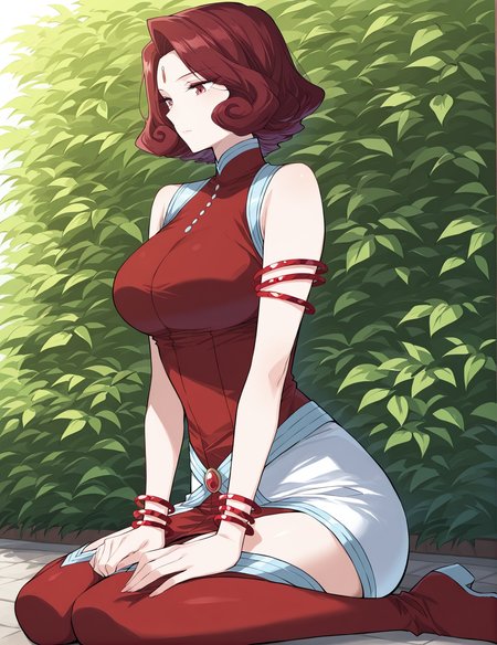 <lora:Xuan_Yi__Battle_Through_the_Heavens__Illustrious:1>
1 girl, solo, mature female, red hair, short hair, wavy hair, curled hair, ahoge, red eyes, red and white dress, high slit dress, sleeveless, gemstone accessory, leg slit, elegant dress, thigh boots, red boots, futuristic jewelry, glowing bracelets, asymmetrical skirt
score_9, score_8_up, score_7_up, masterpiece, best quality, absurdres, perfect anatomy, 1girl, solo, wariza, sitting, hands on own knees, garden background