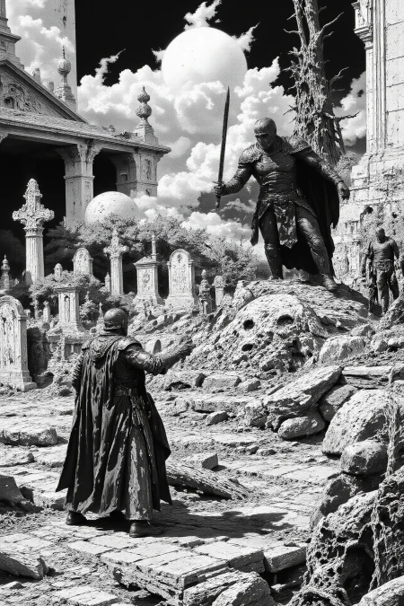 terror horror fantasy landscape, graveyard, comics, very detailed medieval warrior  holding a sword fighting against a group of esquletons, vampires and monsters, (multilayer paint splash style),  <lora:Hand v2:1> <lora:Anti-Blur:1> <lora:Insane Detail Slider:0.5>   <lora:Flux.1_Turbo_Detailer:0.6>   <lora:flux-photo-transparent_Alpha_1.0:0.8> <lora:flux.1_lora_flyway_Epic-detail_v2:1>   <lora:FluxMythP0rtr4itStyle:0.8> mythp0rt <lora:zy_Dark_Fantasy_Flux:0.5> <lora:Wraith_BW_Flux:0.2> B&W