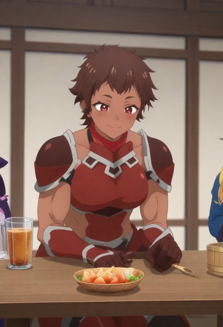 score_9, score_8_up, score_7_up, source anime, prefect lighting, very aesthetic, BREAK, anime screencap, 
<lora:Blossom:0.9> blossom, short hair, brown hair, dark-skinned female, red eyes, muscular female, red armor.
Indoor, tavern, sitting at table, happy, smile, blush, drunk bubbles, squeaks, alcohol.
(white background, gradient background:1.2).