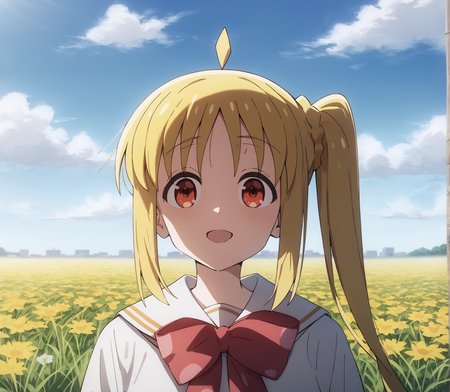 score_9, score_8_up, score_7_up, highres, hi res, best quality, masterpiece, 2d, intricate details, 4k, anime coloring, shadow, uncensored,
1girl, solo, female, :3, long hair, blonde hair, red eyes, ahoge, sidelocks, side ponytail, detached ahoge,
school uniform, serafuku, sailor collar, sailor fuku, pleated skirt, necktie, red bow, red necktie, 
upper body, three-quarter portrait, facing viewer, front view, sitting, 
flower field, outdoors, grass, on grass, depth of field, motion blur, <lora:Nijika_Ijichi_1024_Pony:1>, ijichi nijika, bocchi the rock!,