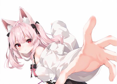 score_9, score_8_up, score_7_up,source_anime,1girl  <lora:Karin_Pony_V1:0.8>,solo,(vrchat karin),red eyes,pink hair,<lora:PepePunchMeme_XLPD:1>,incoming punch,dutch angle, white background, simple background, white puffy long sleeves,off shoulder,black bow, pink bow,