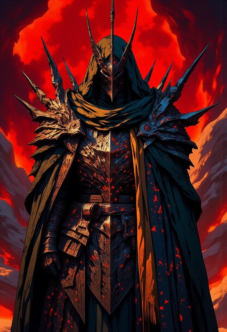 A hyper-realistic mid-shot captures a knight encased in volcanic rock armor, his full-face helmet concealing all features, intensifying his mysterious presence. Jagged and brutal, the armor is adorned with spiraling, razor-sharp rock spikes, each fractured surface glowing with molten orange veins that pulse like living embers. Thick web-like formations extend from the armor, unfurling in fluid, crimson-red patterns that seem almost alive, shifting between deep blood hues and dark scarlet as they expand outward in surreal, organic motion. The high-contrast crimson-red background bathes the entire scene in an intense glow, its fiery presence casting a red tint across the knight’s form, subtly reflecting off the jagged rock and amplifying the molten glow. The once-cool chrome accents shimmer with deep red undertones, mirroring the searing energy of the space. Draped over the brutal armor, a dark emerald-green cape flows with a heavy, weathered elegance, partially revealing a forest-green robe beneath, while a golden-brown scarf wraps tightly around his waist, adding depth and warmth to the composition. Soft, warm lighting accentuates the glowing fissures and the vivid webbing, casting dramatic highlights and deep, consuming shadows that carve an almost mythic intensity into the knight’s foreboding presence. mythp0rt, midjourney_whisper_avant_couture, ne0nfant4sy