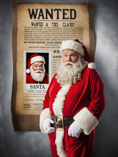 (masterpiece:1.2), best quality, an Santa stood looking worried next to a (wanted poster) for Santa Claus with his photo on it, <lora:texta:1>, (poster text: 'WANTED':1.2)