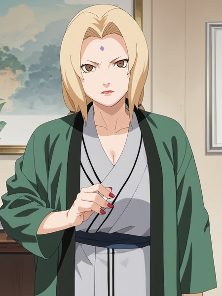 naruto style, hard shadows, anime_screencap, anime_core, score_9, score_8_up, score_7_up, solo, <lora:tsunade_train_v5:0.9>, woman,tsunade,brown eyes,uper body,sunade's green Jacket \(outfit\), front hand ,red nails,indoors, looking at viewer,  front view