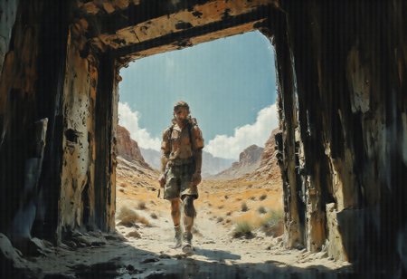 A stark contrast between the cool, artificial world of an air-conditioned room and the scorching heat of a desert landscape in June. In the foreground, a person clad in a lightweight, beige-colored shirt and shorts with a backpack slung over one shoulder is captured mid-step as they cross the threshold from a sleek, modern building into the harsh outdoors. The door to the building is open, framing a glimpse of the chilly interior with gleaming chrome surfaces reflecting the outside glare. The figure's shadow stretches long and dark across the threshold, emphasizing their transition from comfort to challenge. The desert scene unfolds behind them with an unyielding expanse of golden sand, dotted with sparse, hardy vegetation. The horizon is a mirage of heat waves, dancing and distorting the view of distant rock formations that rise like ancient sentinels from the sea of sand. The sky is a deep, cloudless blue, punctuated by the intense white-gold light of the sun, which is high and unforgiving. The person's skin is already flushed, and beads of sweat glisten on their forehead, neck, and the small of their back. Their eyes are narrowed and determined, looking ahead into the vastness as if searching for an invisible path. The starkness of the scene is accentuated by the sharp transition from the cool, shadowy doorway to the bright, saturated heat outside, creating a visual metaphor for the journey from the familiar into the unknown.