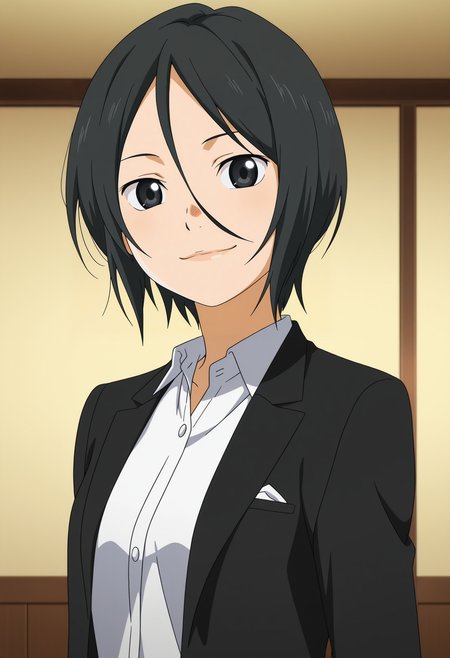 1girl,solo,black hair,short hair,black eyes,hair between eyes,anime coloring,
formal,jacket,upper body, looking at viewer, smile,indoors
,masterpiece,best quality,amazing quality,<lora:Hiroko_Seto-Shigatsu_wa_Kimi_no_Uso_IL:0.8>