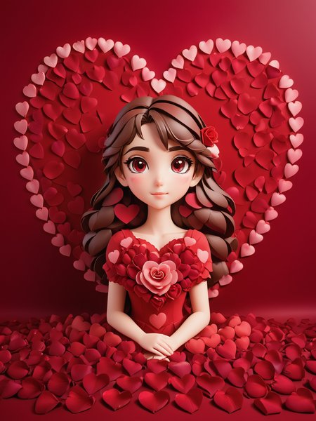 yamer_passione, red background, petals, heart, still life, heart background, full body, rose, flower, beautiful photo of a 22 years old italian girl, (cartoon style, anime style), <lora:Passione:1>