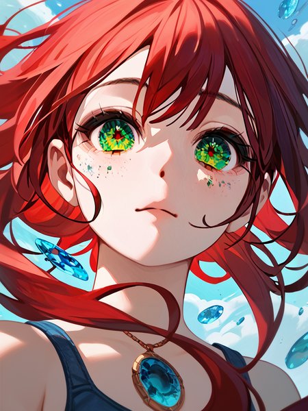PDXL, <lora:OpalEyesV1Pony:1>, opal_eyes, 1girl, cute face, detailed eyes, long red hair, detailed green eyes, portrait, looking through a fishtank