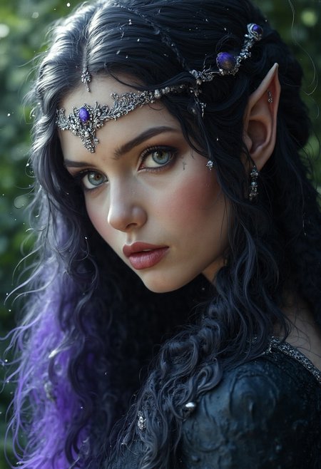 Ultra Realistic Portrait of an elegant elven woman with long, silken hair that flows in soft waves, transitioning from midnight black at the roots to deep indigo at the tips, reminiscent of the night sky. Her eyes are a mesmerizing shade of violet, with silver flecks that catch the light, creating a mystical, captivating gaze. Her skin is porcelain-like, smooth and flawless, with a faint, cool luminescence that enhances her ethereal aura.
Her high, defined cheekbones and delicately pointed ears give her an air of grace and nobility. Her lips are a soft mauve, full and slightly parted, adding to her enigmatic charm. She wears a delicate silver circlet adorned with amethysts, which glimmer like stars in her dark hair. The lighting is soft and ethereal, casting gentle shadows that highlight her refined features and giving her an otherworldly, serene presence
