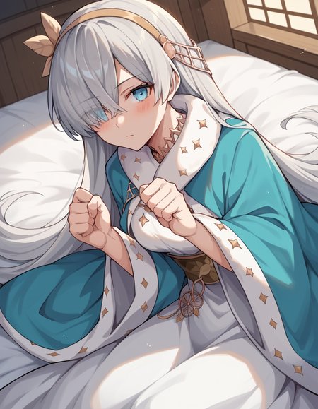 score_9, score_8_up, score_7_up, source_anime, <lora:fgo-anastasia-ponyxl-lora-nochekaiser:1>, anastasia, blue eyes, grey hair, hair between eyes, hair over one eye, long hair, bangs, medium breasts,, blue cloak, brown hairband, cloak, dress, fur trim, hairband, royal robe, sash, tachi-e, white dress, wide sleeves,, indoors, bed, bed room, on side, blush, drunk,, , looking at viewer, hand making a fist, solo,, cowboy shot, dutch angle