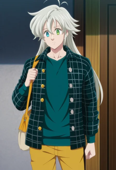 masterpiece, best quality, , anime screencap, , official style,, 1boy, solo, male focus, <lora:tristan_liones_ilxl:1>, tristan_liones, grey hair, green eyes, long hair, ahoge, heterochromia, blue eyes, , Straight-leg chinos, Tartan Faux leather jacket, , , Fishing Tackle Bag