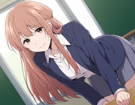 score_9, score_8_up, score_7_up, source_anime,
akaneminagawa, <lora:akane-minagawa-s1-ponyxl-lora-nochekaiser:1>,
akane minagawa, long hair, bangs, brown hair, brown eyes,
shirt, jacket, white shirt, collared shirt, blue jacket, skirt,
indoors, classroom, bent over, smile,
looking at viewer, cowboy shot, dutch angle, solo,