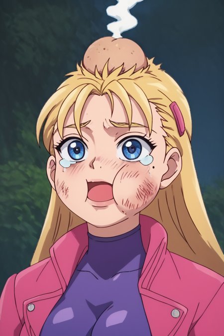 score_9, score_8_up, score_7_up, score_6_up, score_5_up, score_4_up,  <lora:Miu_Furinji-000006:0.7> , miu, blonde hair, long hair, blue eyes, mole under right eyes, slim waist, large breast, pink jacket, purple bodysuit, hairclip, <lora:beat_up_face:0.8>, 1girl, solo, alone, tears, head bump, smoke on head bump, bruise, swollen cheeks, masterpiece, highres