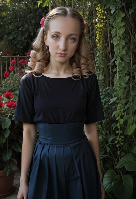 score_9, score_8_up, score_7_up, score_6_up, (realistic), (((solo))), female,
BREAK, shy, horsefaced, big nose, light brown hair, light grey eyes, big eyes, high cheekbones, ringlets, tall, thin, thin waist, thin hips, small breasts, oval-shaped face,
BREAK. (((black))) silk shirt, (((black))) long skirt, silk skirt,
BREAK, garden, morning,