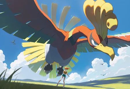 artist:ciloranko,artist:modare,artist:diyokama, astero, scenery, pokemon \(creature\),
best quality, amazing quality, very aesthetic, absurdres, best quality, masterpiece, newest,
underwater,
ho-oh, flying,
1girl, misty \(pokemon\), orange hair, yellow crop top, short shorts, blue eyes,
grassland, blue sky, cloud, sunray, Cinematic Lighting, light particles  <lora:AsteroIllustriousXL_byKonan:1>