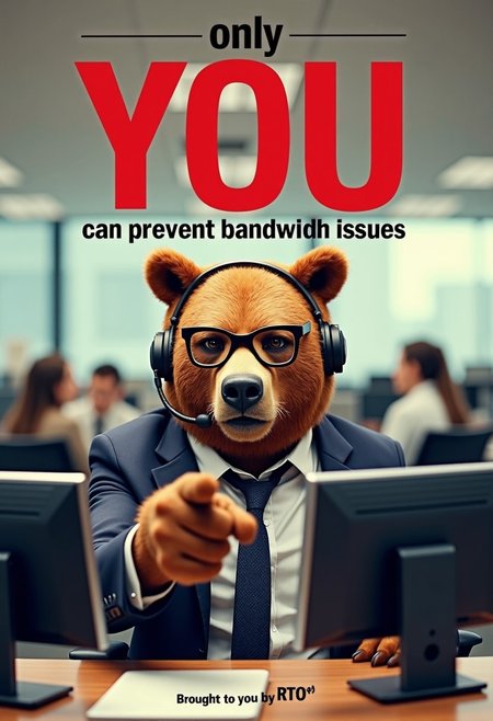 A parody poster titled  "only YOU can prevent bandwidth issues" playing on the famous fire prevention posters featuring Smokey the bear. The poster features a stern-looking bear wearing business casual office attire, wearing glasses and a headset. He is pointing at the viewer. He is sitting at a modern office cubicle, with a laptop docked to two monitors.
Behind him, a busy office scene with people sitting in cubicles. The bear's expression is intense, yet comically serious, as if he's about to take on the world.
The title "only YOU can prevent bandwidth issues" is displayed in bold, stylized text at the top, with the "YOU" in bold red underlined font. The tagline beneath reads, "Brought to you by RTO"r.
The overall color scheme of the poster matches the famous Smokey fire prevention posters.