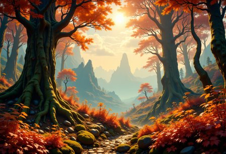 low angle, close up,fantasy landscape, ancient forest, gigantic oaks, old gnarled trees trunks, immense tree canopy dominating the infinite landscape, misty mountains at the horizon, valleys, waterfall, Sunbeams break through the canopy, casting ethereal light beams that highlight the timeless beauty ,The scene feels both ancient and alive, as though the trees are  the guardians of the changing seasons. chiaroscuro, misty, golden light of dawn, magical whispering magic, mossy, glistening bark, cracked bark, transluscent autumn leaves, vines, yellow bioluminescent pollen dust catching the light, dreamcatcher, roots, branches, red leaves, ocre leaves, orange leaves, dark red leaves,  misty forest, macro shot,  chiaroscuro, god rays,  Lushy misty fantasy forest in the background,  backlit, glow hyper realistic, natural soft rim light, cinematic lighting, (sharp focus,absurdres,high quality,masterpiece,highres,best quality:1.5), ethereal landscapes, dynamic light, depth of field, biotech emotion: PEAnimeBG, Background, phtorealistic scenery, Magical Autumn