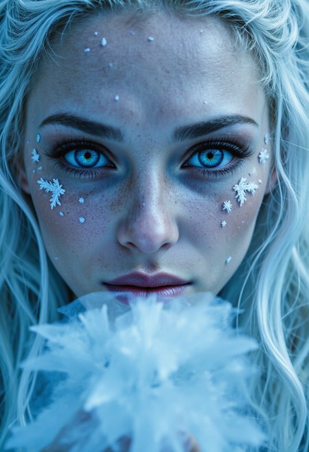 super detailed, professional portrait Photo of  A frost mage blowing icy breath from her lips, her pale blue skin shimmering with frost-like textures. Her icy white hair is woven with delicate crystals that glint under the soft moonlight. Her piercing, glacier-blue eyes are fierce, and her face is framed by tendrils of frost that curl in the air like living entities. Tiny snowflakes gather along her cheekbones, catching the light in intricate detail.  , aidmarealisticskin, aidmafluxpro1.1