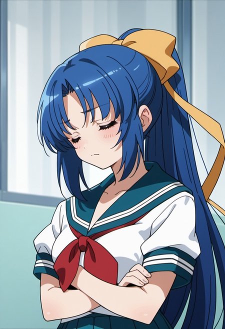 score_9, score_8_up, score_7_up, source_anime,  shimizu sayaka, long hair, blue hair,  1girl, solo, school uniform, ponytail, closed eyes, crossed arms, skirt, serafuku, ribbon