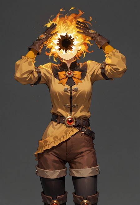 score_9, score_8_up, score_7_up,
lord_of_frenzy, fire head,
novakin, faceless, no eyes, no mouth, no nose, no facial features, short fiery yellow orange hair, body made of black plasma,
open hands, hands on face front,
hands on own head, 
magical girl outfit, (steampunk dress:1.1), boots, (brown shorts:1.1), black tights, medium breasts, belt, gloves, 
simple background, grey background,