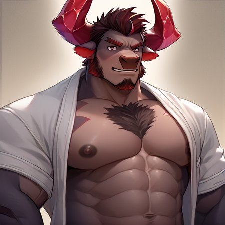 zPDXL3, score_9, score_8_up, score_7_up, detailed background <lora:Obsidius:0.9> obsidius, minotaur, bara, pectorals, nipples, facial hair, clothed