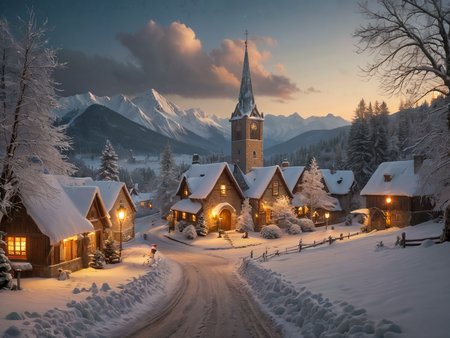 award winning photo, 

saturated  (Under a dark enchantment's curse) (Shrouded in malevolent magic)  (Elegant Renaissance beauty) 3d,

A quaint old countryside village, straight out of a storybook, its roofs blanketed in snow and ice, the cobblestone street lined with charming cottages, adorned with twinkling lights casting a warm glow on the misty winter's night. Fir trees stand tall, covered in newly fallen snow.

In the distance, the spire of a country church rises into the starry sky, its windows ablaze with golden light and the sound of joyful carols spilling out into the frosty air. Children laugh and play, their rosy cheeks aglow with the magic of the season as they build snowmen and engage in spirited snowball fights.

The scene unfolds, evoking a sense of warmth and wonder, capturing the timeless magic of Christmas in all its glory. It's a scene that invites you to step inside and experience the joy and wonder of the holiday season, a moment frozen in time that fills the heart with peace and happiness.