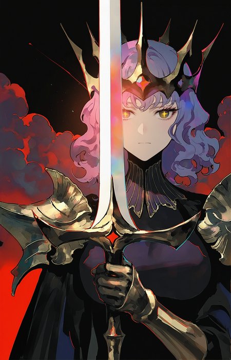rei \(sanbonzakura\), fishine, fuzichoco, lam \(ramdayo\), void 0, rella,
1girl, mature female, tall female, dark purple hair, short hair, wavy hair, yellow eyes, thick eyelashes, + +, jitome, glowing eyes, medium breasts, expressionless, high collar, black golden robe, pauldrons, gauntlets, armor, sharp crown, holy magic, glowing magic, holding holy staff, holy sword, holding sword, sword at front, sword over face, sword over one eye,
looking at viewer, face focus, upper body, close up, front view,
backlighting, cinematic lighting, lens flare, dark red theme, dark background,  
cloudy sky, night, star \(symbol\),  
spot color,, masterpiece, best quality, amazing quality, very aesthetic, absurdres, best quality, newest,