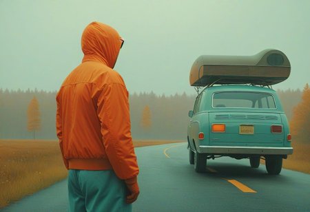 Vibrant (George Tooker) and (Simon Stalenhag) and (Holly Andres) book cover style.
Title: "The Closer".
Life-like details.
Cinematic. Dramatic. Dynamic. 
Pristine Aesthetic.
Enigmatic.
Emotionally Moving.
Moody.
Extremely refined lines and and shapes.
Extremely refined details on objects.
Sharp details.
Complementary colors.
Many details everywhere. Ray-Tracing. Anti-Aliasing. Realistic soft shadows. Low saturation colors. Insane quality. Insane resolution. Insane details. Masterpiece. 32k resolution.