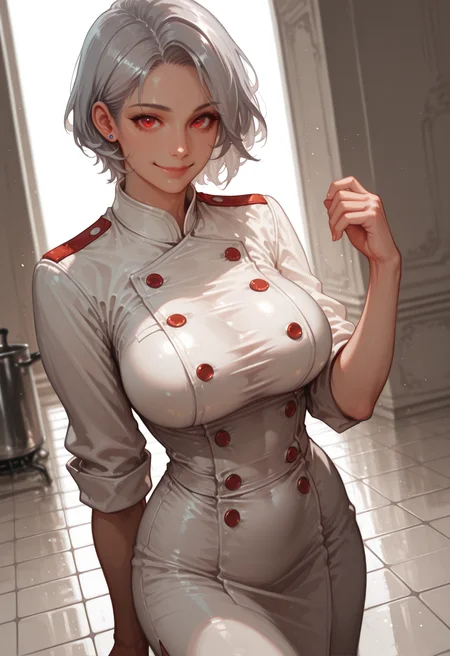breasts, 1girl, large breasts, grey hair, chef, looking at viewer, short hair, smile, solo, red eyes, jewelry, earrings, dress, buttons, taut clothes, closed mouth, double-breasted, stud earrings, cowboy shot, taut dress, white dress, sleeves rolled up, tight clothes, hand up, tiles, white hair, tile floor, collared dress, standing, coa, masterwork, masterpiece, best quality, dynamic lighting , dynamic pose,,  dynamic angle, , , (realistic:1.2), (lineless:1.2), detailed, <lora:Detailer_NoobAI_Incrs_v1:0.75>, , aged up, adult, depth of field, dynamic lighting, blurry, cheekbones,