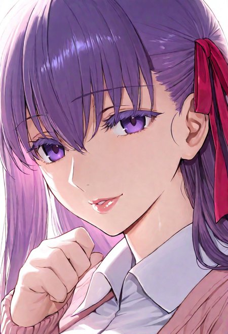 1girl, Matou Sakura \(fate\),, adult woman, masterpiece, pink cardigan, a white shirt, hand up, violet hair, long hair, red-pink ribbon on the left side of hair, luscious lips, lip gloss, portrait, colored eyelashes, backlighting, violet eyes, goddess, glossy skin, ,hires,best quality, very aesthetic,absurdres,score_9, score_8_up, score_7_up, score_6_up, score_5_up, score_4_up, (hyper extreme detailed), (hyper quality), game CG, (colour:1.2),(from side:0.7)