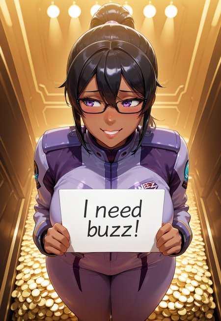 safe_pos, safe_pos, (masterpiece), best quality, ultra-detailed, illustration, ((a girl)), soft light, shy smile, ((dark skin:1.0)), ((black hair)), (straight ponytail), (black glasses), (beautiful detailed purple eyes), (purple pilot uniform), ultra detailed view, average breasts, thick thighs,  plumped, luscious lips, from above, need_buzz, holding sign, shy looking, grin, looking away, pleading face, in a casino pile of gold tokens behind her,

cinematic lighting