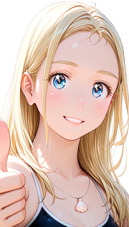 lazypos, masterpiece, best quality, amazing quality, very aesthetic, absurdres, newest, ((dynamic angle:1.4)), (detailed eyes), (Ultra detailed hair:1.4),
BREAK
1girl,solo, blond hair, blue eyes,Silk Hair,(Beautiful shiny blond hair),seashell pendant, parted lips
competition school swimsuit
BREAK
,((blank background)) ((upper body)),straight-on
 <lora:Kofune_Ushio_-_100percent_-_manga:1.1>
The best smile, happy to be back, lovestruck, Squint eyes, very happy, thumbs up, look back