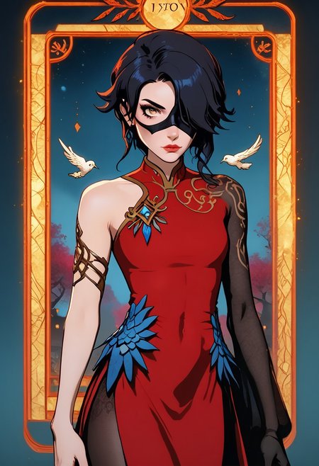 (score_9, score_8_up, score_7_up), ((zPDXL3)), ((zPDXLxxx)), (((T4R0TH, T4R0TH CARD, tarot))), source_nsfw, ((face focus, eye focus, dynamic angle, motion)), 1girl, fantasy, Tarot Card Style, (C1nd3rF4ll, 1girl, black hair, yellow eyes, hair over one eye), (M1str4lDr3ss, red dress, china dress, long dress, elbow gloves, wide sleeve, single sleeve, pantyhose, jewelry, eyepatch, mask, feathers, scar on face), breathless intimacy, textured skin, leggings, skirt, petite model bombshell, young, delicate features, narrow pointy nose, tiny nose, lust, big eyes, seductive eyes, detailed skin, flared lashes, mascara, makeup, breasts, athletic body, narrow waist, wide hips, ((tiny waist)), ((hourglass figure)),((sexy pose)), sensual gaze, 
warm light, detailed, neon dark party
 BREAK
milky way, runes, arcane, astral, surreal, ethereal glow, masterpiece, best quality, intricate design. colorful, moonlit nightsky, moody whimsical color palette, bold soldering lines, volumetric light shining through, crepuscular rays, intricate craftsmanship, detailed texture, luminous transparency, reflective light play, vivid hues, atmospheric depth, enchanting silhouette, art nouveau,