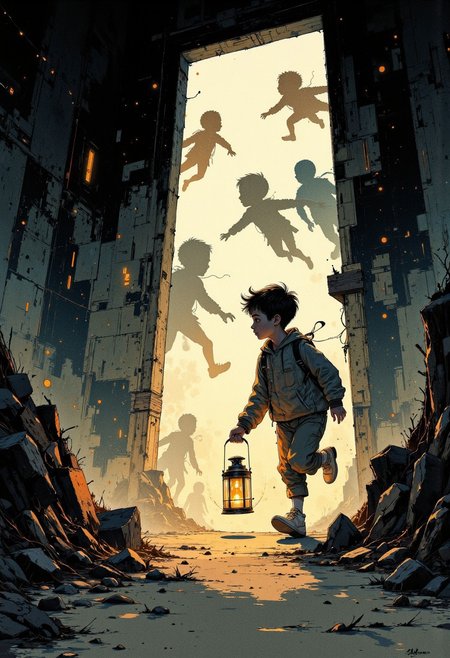 Create a beautifully detailed sketch capturing a fantastical world infused with nostalgia and shadowy intrigue. The style features clean, confident outlines with soft watercolor washes, balancing warmth and accessibility with intricate detail. The palette contrasts muted tones—warm ochres, soft reds, creamy whites—with stark, inky blacks, creating a dramatic interplay of light and shadow that evokes both innocence and mystery. The atmosphere blends vintage children’s book charm with an eerie undertone, as if balanced between reality and a shadowy dreamscape.
Characters should have naturalistic proportions and subtle expressiveness, their features gently exaggerated to reflect curiosity, resilience, or vulnerability. Dynamic shadow puppet figures may emerge in the background, their silhouettes adding to the narrative and reinforcing the duality of light and shadow. The focus will be on a specific subject—From a low, tilted angle, Henry runs down a shadowy corridor, his lantern swinging wildly. Motion blur streaks the shadows of puppet figures chasing him, their distorted shapes stretching unnaturally across the walls and floor as the light flickers chaotically—carefully integrated into the scene. The composition is grounded yet surreal, seamlessly merging whimsical simplicity with haunting, thought-provoking detail to invite wonder and introspection.