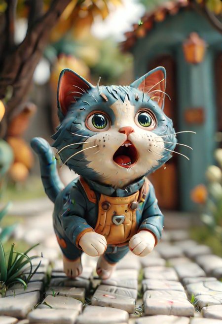 cinematic photo of a cute chibi cat running towards the viewer, detailed, masterpiece, 8K resolution