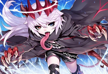 Score_9, Score_8_up, Score_7_up, Score_6_up, Score_5_up, Source_anime, rating_safe, 1boy, Vandelieu, emotionless face, white hair, heterochromia, red and blue eyes, black shirt, black shorts, black trenchcoat, walking, looking at viewer, {{{claw, sharp nails, very long fingernails:2}}}, claw pose, seraph wings, 6 wings, red crown halo, demon horns, ram horns, open mouth,very long tongue, tongue attack viewer, dark kingdom, dutch angle