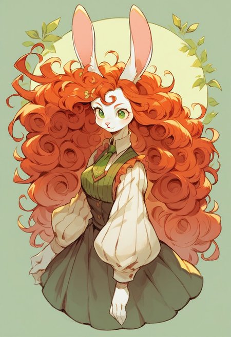 score_9, score_8_up, score_8,
rabbit girl,furry, redhead, green eyes, white rabbit ears, wind in hair, solo, add detailed eyes, long curly hair,
