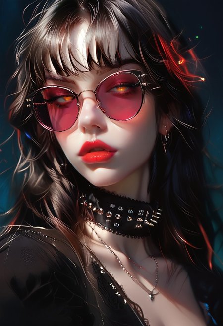 a succubus is summoned within a circle, flames from within the circle, peers at viewer over sunglasses, seductive, dynamic pose, oblique angle, score_9, score_8_up, score_7_up, solo, cute girl, c4t3y3 glasses, long eyelashes, long hair, bangs, perky breasts, rk-studs, bright lipstick, teasing, sultry, sexy sophisticated, detailed clothes, expensive dress, deep cleavage, studded black leather collar, silver chain, perfecteyes, 1dk, braless, bokeh, cowboy shot, g0thicPXL, glowing, neon, mesh, lace, leather