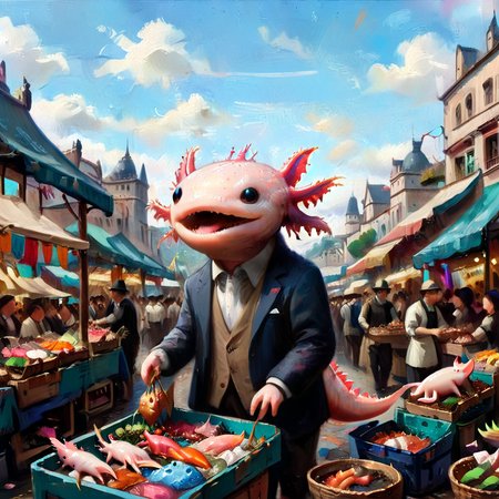 axomodelxl, axolotl in a bustling market, haggling with vendors, colorful stalls and crowds