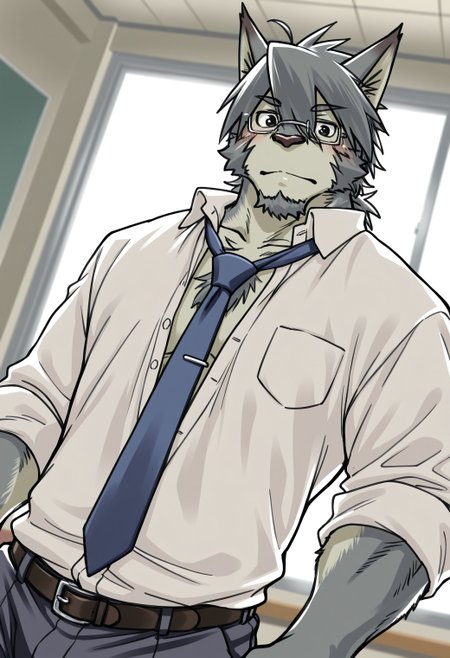 best quality, amazing quality, very aesthetic, absurdres, newest, depth of field, detailed background, separate focus, dynamic composition, masterpiece, highres, 4k, solo, mitsuhisa_aotsuki, morenatsu, facial hair, grey body, two-tone body, black eyes, glasses, blue tie, white shirt, open clothes, looking at viewer, cowboy shot, dutch angle, inside, detailed background, <lora:Mitsuhisa_Aotsuki_Morenatsu_Illustrious:1>