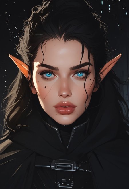 score_9, score_8_up, score_8, Science Fiction, Star Wars, perfecteyes, ultra detailed, high resolution, high quality, masterpiece, intricate details, intricate body, intricate landscape, knva, Expressiveh, European Instagram Model, upper body shot, low light, dungeon, ruins, green glow, black background, ard3nSW
BREAK
1girl, source_cartoon, mature female, Elf, pointed ears, beautiful, 30 years old, <lora:Darth Revan PONY v1.0:1> 7-darthrevan, 1girl, beautiful, (black hair), messy hair, blue eyes, pale skin, full lips, french, beauty mark mole, black cloak, looking at viewer,
