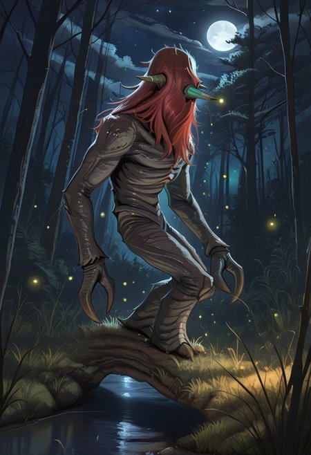 masterpiece,best quality,amazing quality,very aesthetic,absurdres,newest, huge filesize, absurd res, 
pascaH, no face, monster, grey skin, wrinkly body, horns, full body, side view, claws, forest, nighttime, stars, moon, trees, clouds, grass, fireflies, beautiful, glowing, scenery, spooky, woman with green eyes and red hair caught by creature,