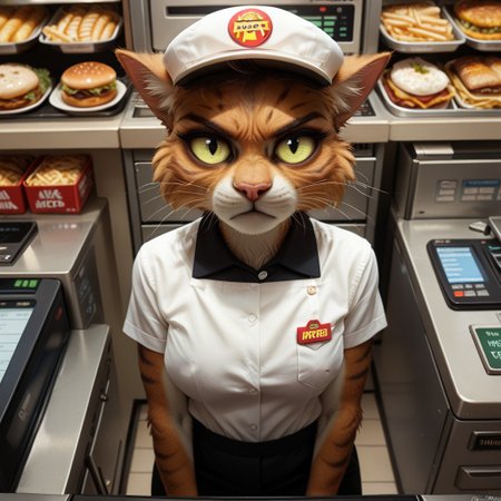 score_9_up, score_8_up, score_7_up, score_6_up,  
high angle, looking down, 1 female, standing at a fast food counter with a cash register is (anthro furry cat t'ana), wearing fast food employee shirt, no hat, hatless, nametag, (frowning heavily:1.3), looking at viewer,
BREAK
fast food restaurant, bright, cash register, food menu, close up shot, realistic, beautiful, 4k, highly detailed, dramatic angle,