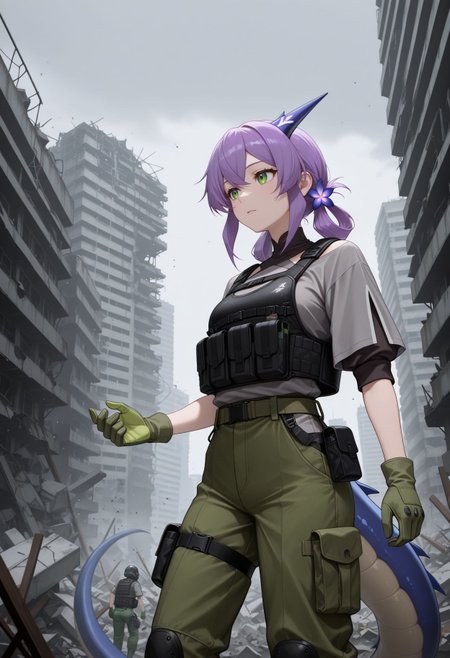 masterpiece,best quality,absurdres,highres,very aesthetic,high quality,detailed,insanely detailed,beautiful,
 <lora:Flatorte illu:1> 1girl, purple hair, long hair, green eyes, hair ornament, dragon girl, dragon tail, 
bulletproof vest, chest harness, grey shirt, short sleeves, green gloves, green pants, cargo pants, thigh strap, thigh pouch, outdoors, grey sky, city, abandoned, debris