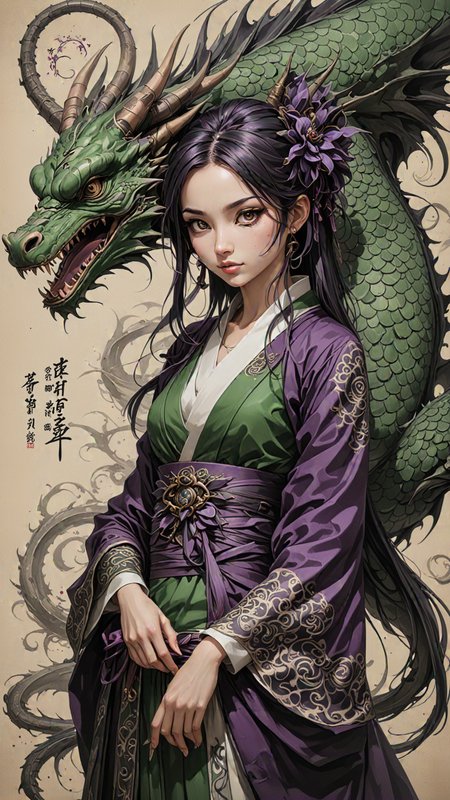 (ULTIMATE Japanese style, INK WASH). on parchment,  Black and White, dragon girl, (japanese Writing in Purple and Green), trending on ArtStation , intricate details, masterpiece, best quality, (Use Dream Diffusion Secret Prompt), (Epic), <lora:3D_Framed_Wall_Art_-_By_DICE:0.6>, (Framed Dragon), UHD