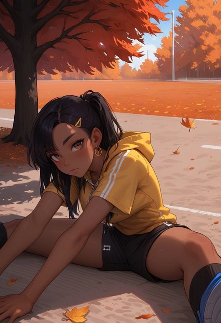 score_9, score_8_up, score_7_up, score_6_up, 
1girl, 25 years old, perfect face, looking at viewer, 
dark-skinned female, 
brown eyes, 
streaked hair, black hair, blue hair, asymmetrical bangs, hair ornament, hairclip, earclip, 
yellow hoodie, 
black sport shorts,
autumn, autumn leaves, 
running track, track and field, sitting, stretching leg,  flexible, wide spread legs, wide shot, from side