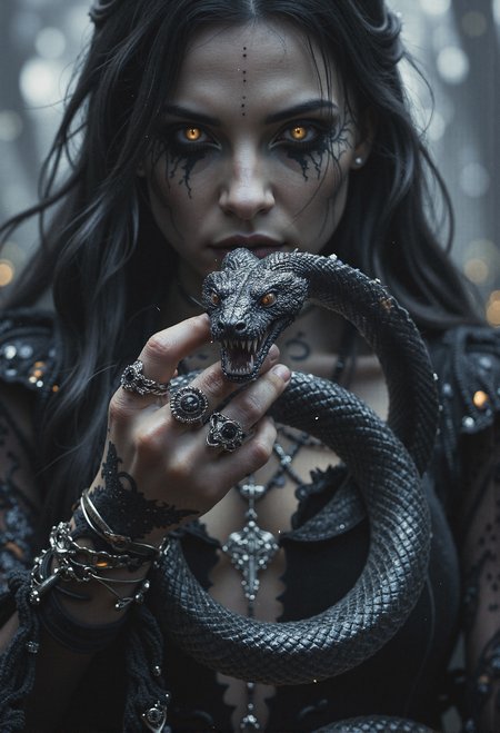 Manga style (amazing transcendental's dream:3.5). The image portrays a powerful gothic sorceress, her face partially obscured by a coiled snake held elegantly before her. The snake, black with intricate white patterns, hisses menacingly, its wide-open mouth and sharp fangs directed toward the viewer, creating an intense and threatening focal point. Her pale, slender fingers grip the serpent with confidence, adorned with silver magical rings set with dark gemstones like onyx and amethyst. Her hand bears mysterious tattoos that faintly glow, as if pulsing with dark energy.  She is dressed in an opulent black velvet gown, richly embroidered with occult patterns. Long, flowing black hair cascades around her pale, enigmatic features, while her intense, glowing eyes, framed by dramatic, dark makeup, pierce through the shadows. Around her neck rest large silver necklaces with pendants shaped like crosses and arcane symbols.  The misty background swirls with dancing shadows, heightening the mystical and foreboding atmosphere. The scene is rendered with maximum ultra-high-definition quality, vibrant and iconic Japanese comic style, featuring realist side lighting, ultra-detailed textures, and subtle, dynamic special effects. <lora:Magic_of_Art_\(FLUX\).safetensors:0.3>,  <lora:black_fantasy.safetensors:0.5>,  <lora:Movie_Portrait.safetensors:0.8>,  <lora:- Flux1 - soothing_atmo_V2.0.safetensors:0.4>,  <lora:lith_mimosa_kiel_grw134_FLUX.safetensors:0.7>,