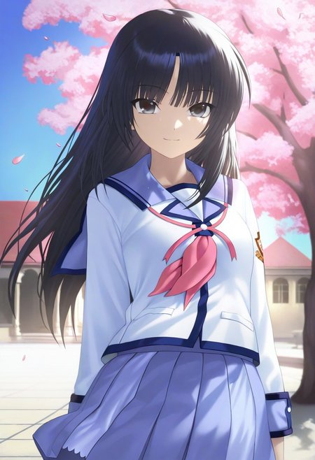masterpiece, 1girl, Shiina, //(Angel Beats!//) long black hair, dark eyes, calm expression, slight smile, looking at viewer, traditional school uniform, high school courtyard, cherry blossom trees, clear blue sky, petals falling, sunny, soft warm lighting, vibrant, detailed, anime style, soft focus, dreamy, subtle realism