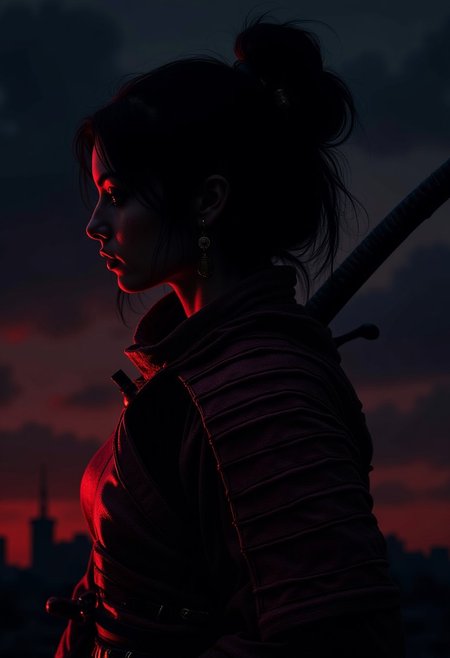 Stunning photorealistic illustration of Japanese female warrior in traditional japanese samurai red leather armour, silhouetted against the night sky, chiascuro, directional lighting hitting the side of her face